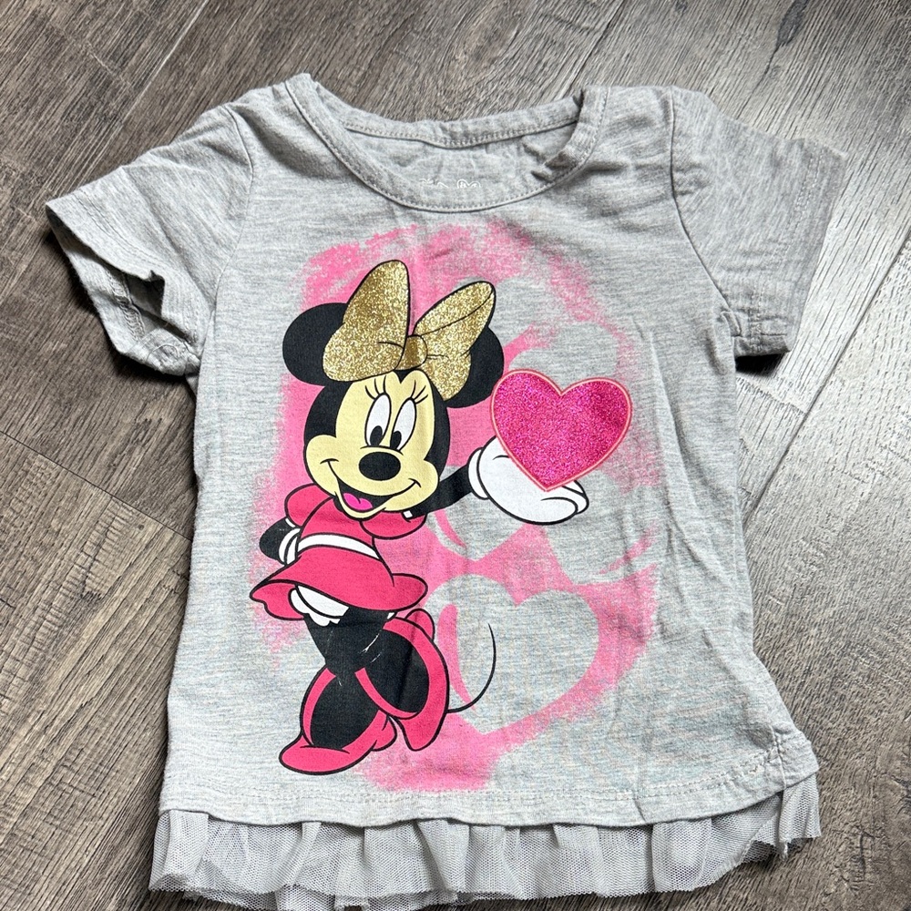Disney Grey Minnie Mouse Tee with Gold Glitter Bow and Pink Heart